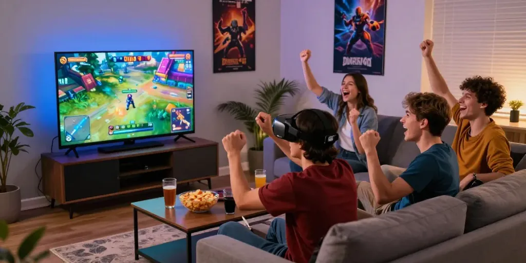 Inilah momen seru bermain game diana4d bersama teman-teman di ruang tamu yang cozy.