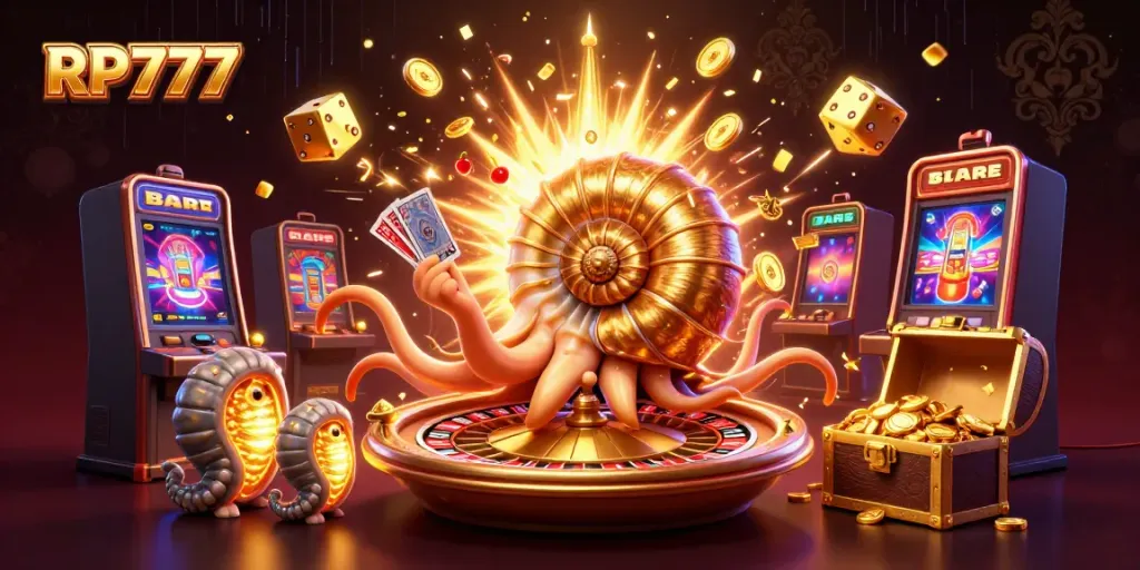 RP777 menghadirkan ilustrasi 3D kasino dengan nautilus raksasa, slot mesin, dan simbol keberuntungan.