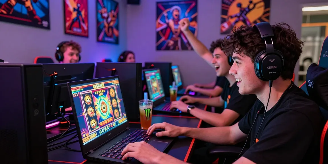 Gamer sedang bermain slot di ruang permainan yang bercahaya dan energik.