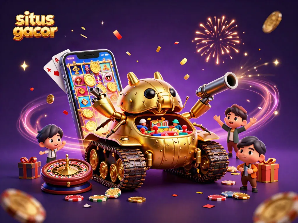 Mainkan situs slot gacor dengan keseruan jackpot dan kasino mini dalam ilustrasi digital 3D.