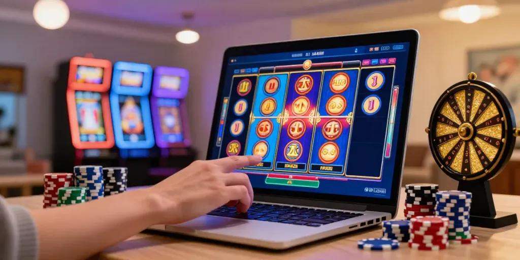 Exciting online gaming scene showcasing various slot jackpot games on a laptop with casino chips.