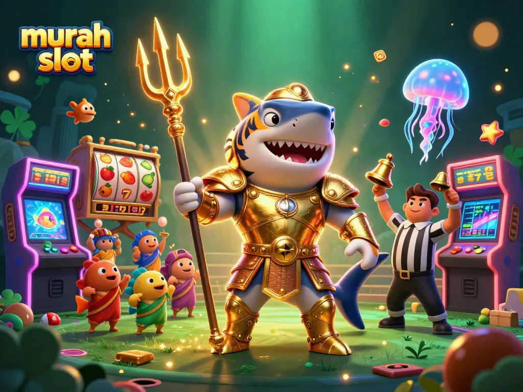 Jelajahi pengalaman bermain murah slot dengan ikan hiu macan 3D, mesin slot, dan suasana kasino yang menggembirakan.