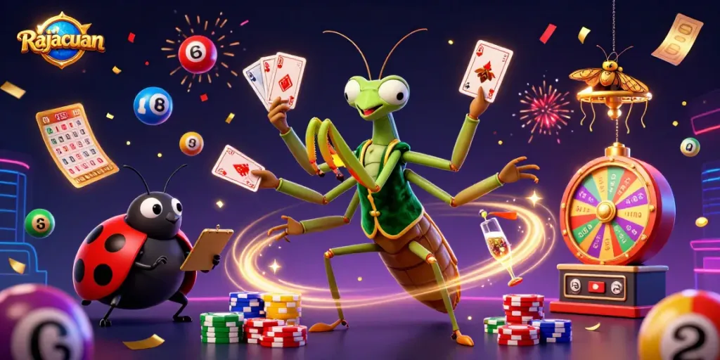 Engage with Rajacuan as colorful lottery balls bounce around a dynamic casino scene.