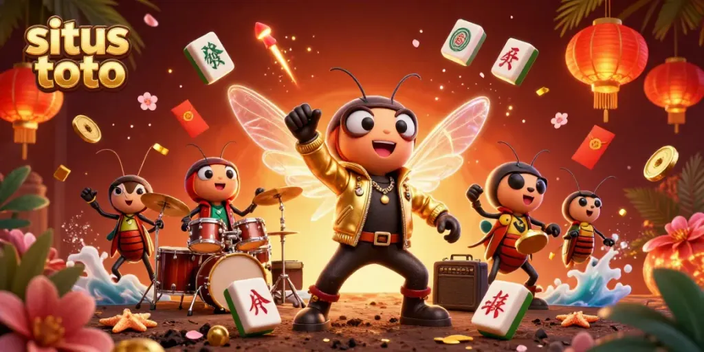 Menggambarkan situs toto yang menghibur dengan cicada rock star dan elemen permainan berdampingan di latar belakang yang cantik.