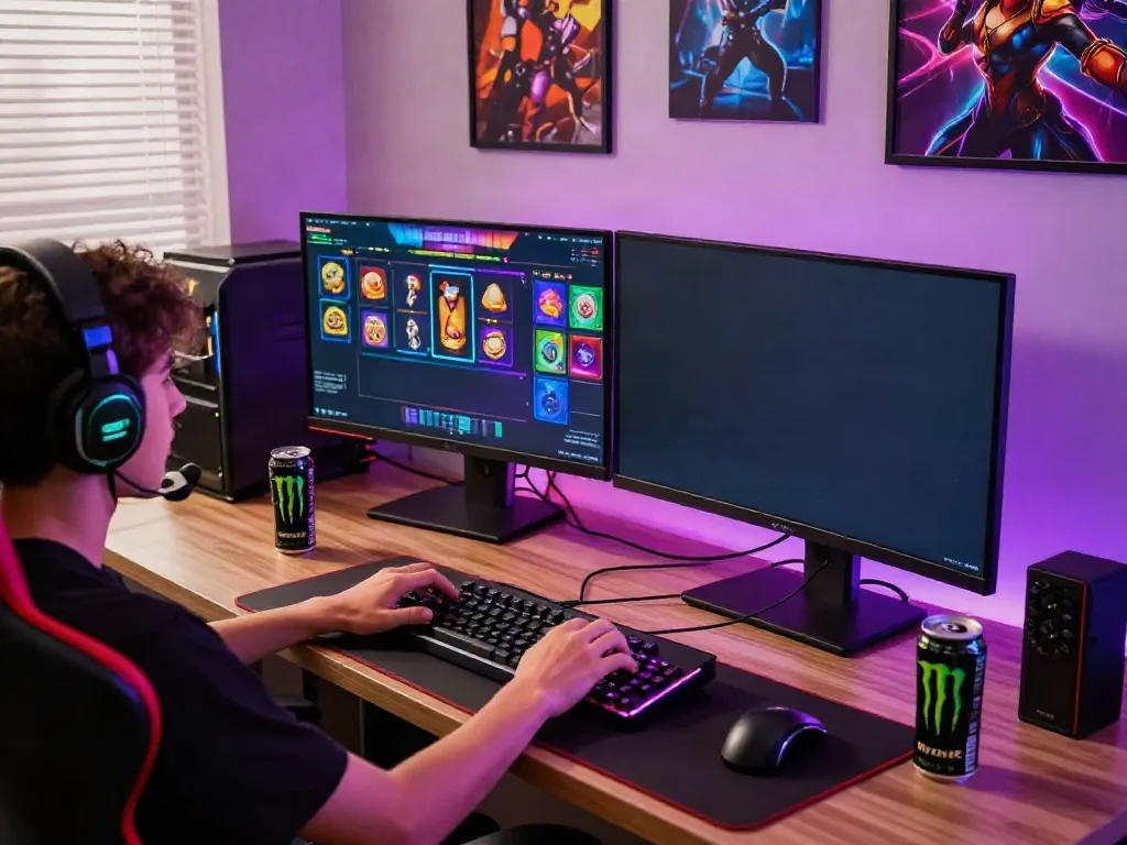 Akunjp gaming setup featuring a player immersed in colorful slot games with dual monitors and gaming accessories.