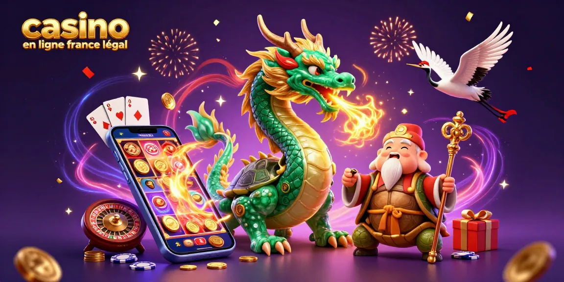 Illustration digitale 3D captivante présentant un immense dragon en jade émeraude et des grues porte-bonheur, représentant le casino en ligne légal en France dans une scène de casino vibrante.