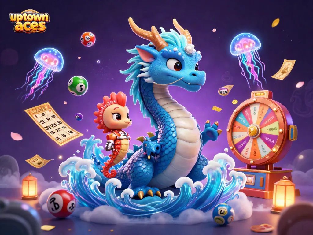 Engage with uptown aces bonus codes through vibrant casino-themed illustration featuring dragons and jackpot elements.