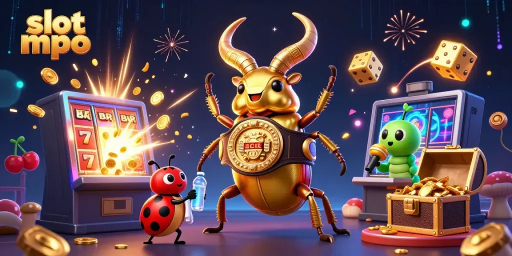 Experience the excitement of slot mpo with a vibrant 3D casino-themed battle scene featuring a giant beetle and playful characters.