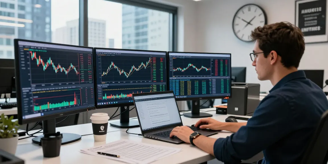 Отзывы bitmex: трейдер анализирует графики и данные в современном офисе с ярким городским фоном.