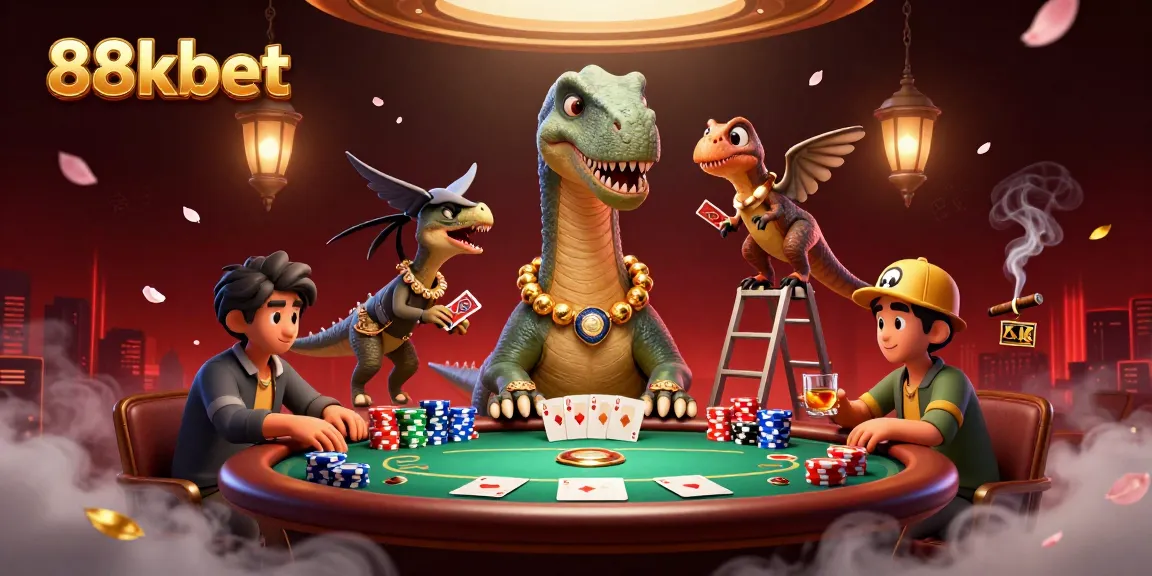 Experience excitement at 88kbet with a towering brontosaurus at a vibrant casino game scene.