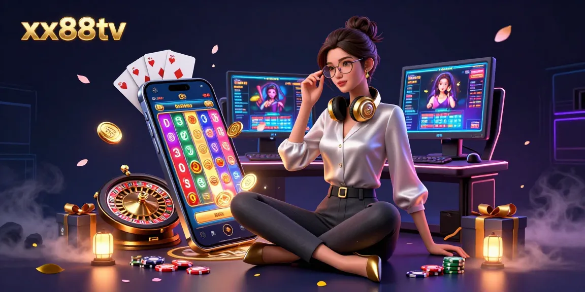 Engage in thrilling casino games at xx88tv with dynamic visuals of an elegant gamer surrounded by slot elements.