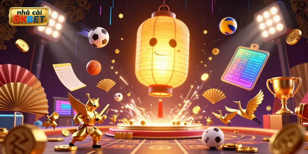 Engage in the vibrant action of nhà cái 8KBET, featuring dynamic casino elements and a glowing spirit.
