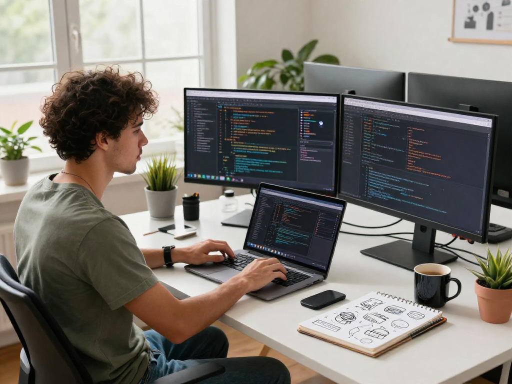 Innovative website developer near me coding in a vibrant workspace, showcasing modern tech and creativity.