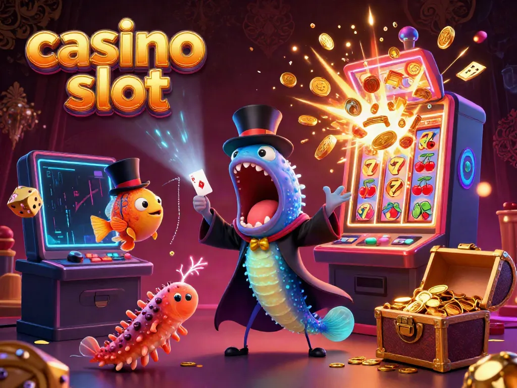 Experience the thrill of online casino slots with a vibrant 3D illustration showcasing characters and jackpot elements.