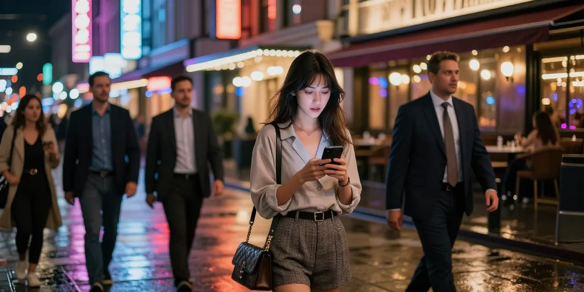 Cảnh đêm sôi động với gái gọi trong trang phục sang trọng, đường phố nhộn nhịp đầy ánh đèn neon.