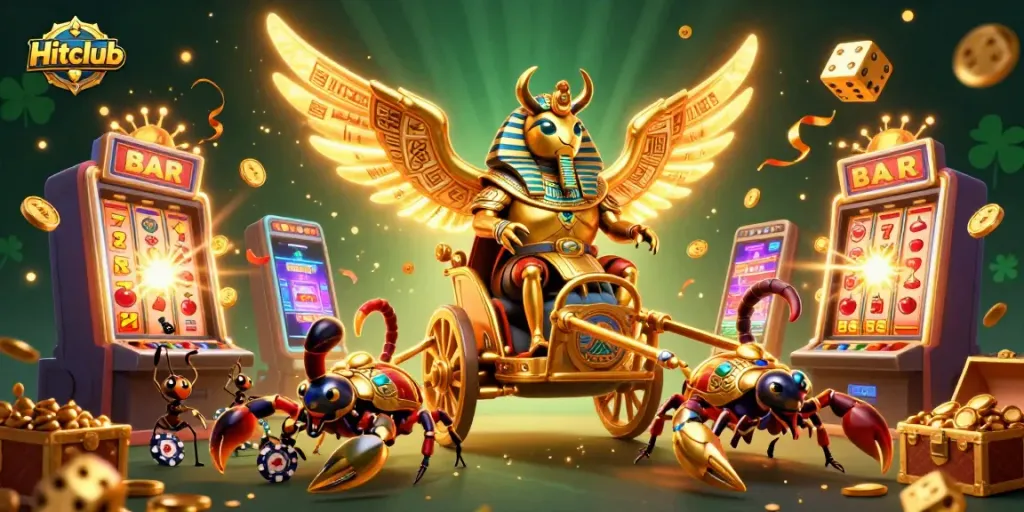 Hitclub's engaging casino scene with a golden scarab character and jackpot elements captivating players.