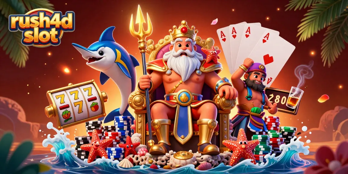 Raih kemenangan dengan rush4d slot yang dikelilingi jackpot dan slot mesin berwarna-warni.