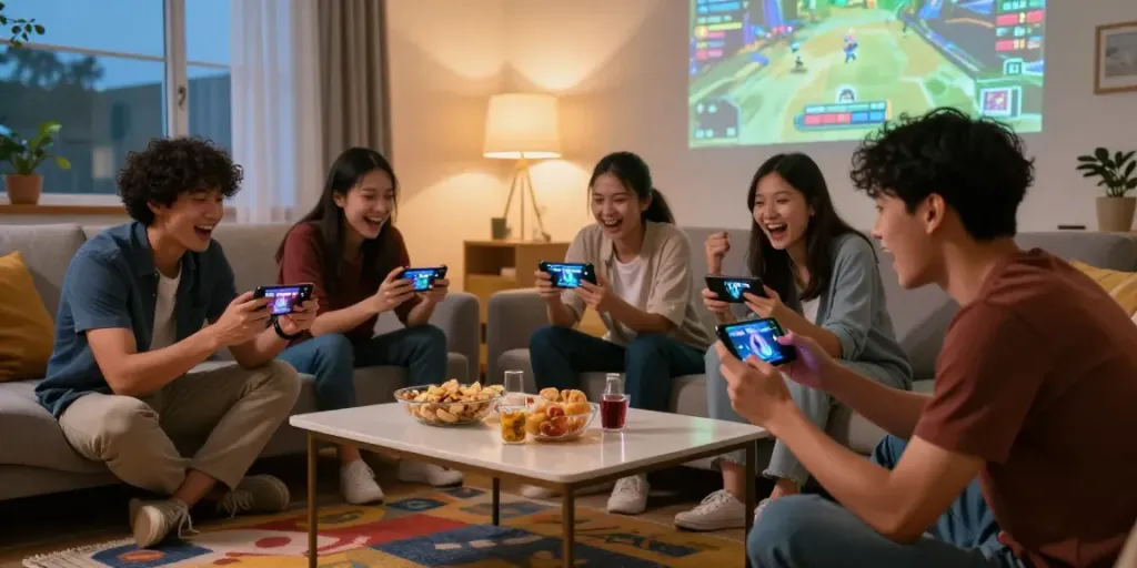 Group of friends enjoying 3 Patti No1 mobile game in a cozy setting, showcasing interaction and excitement.