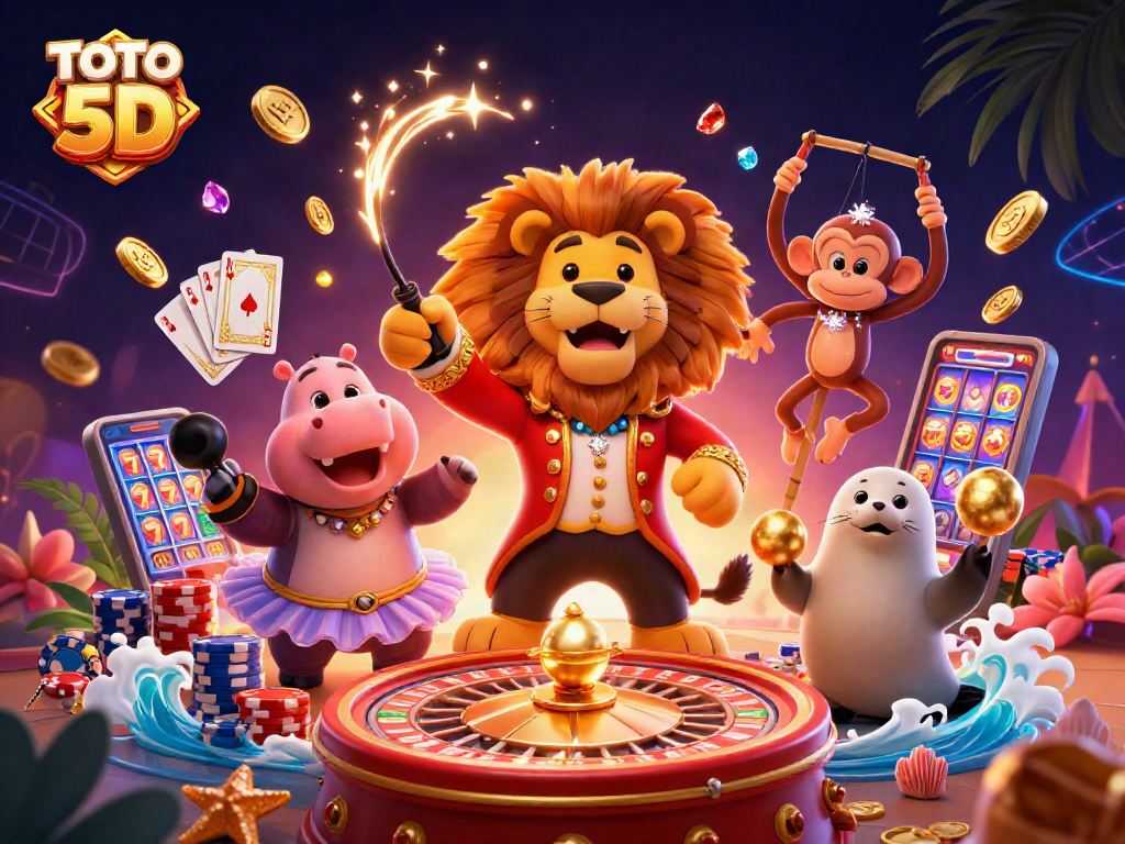 TOTO 5D featuring a vibrant circus scene with a lion, hippo, monkey, and seal amidst casino elements and sparkling gems