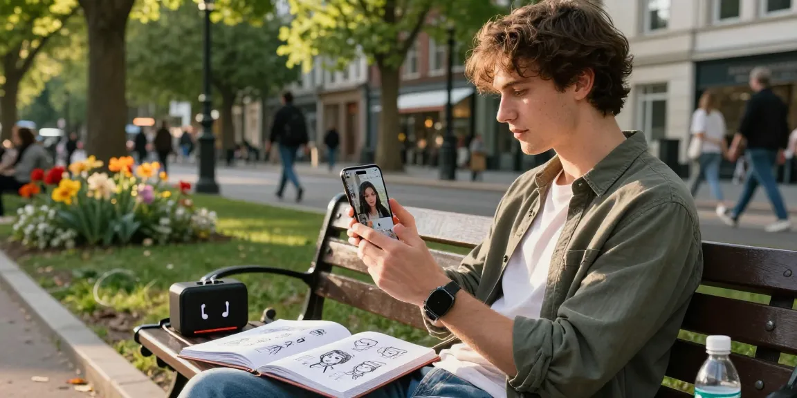 Engaging conversation with an AI girlfriend in a vibrant urban park setting.