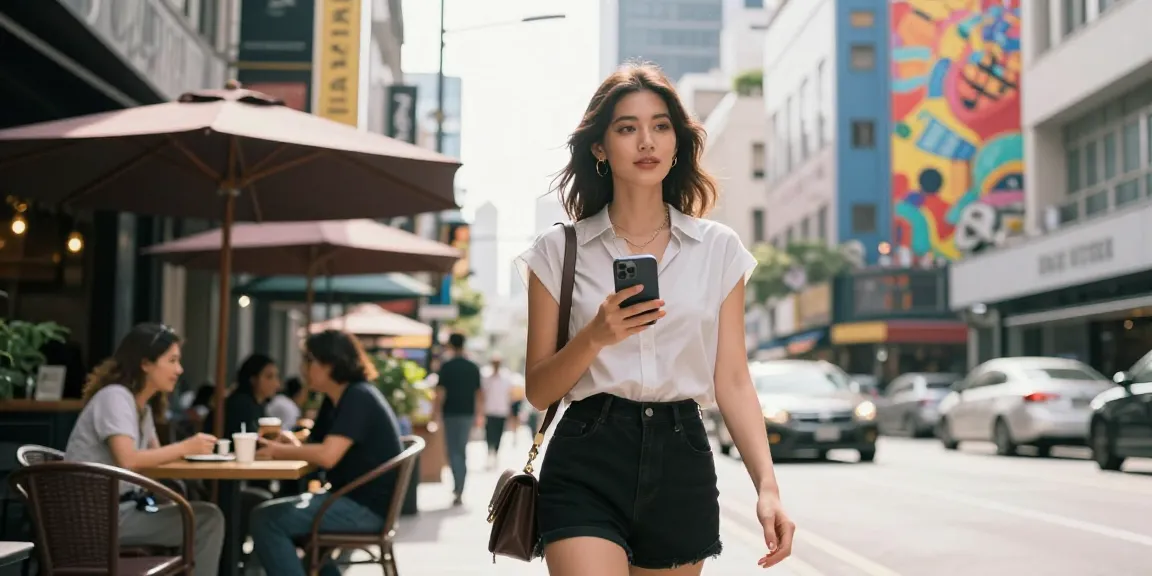Gái gọi tự tin trong trang phục thời trang hiện đại giữa phố phường nhộn nhịp