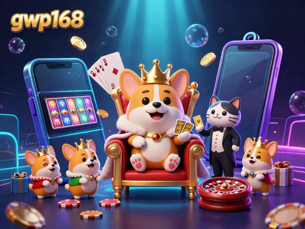 Gwp168 menghadirkan corgi royal dan elemen kasino dalam ilustrasi 3D berwarna-warni.