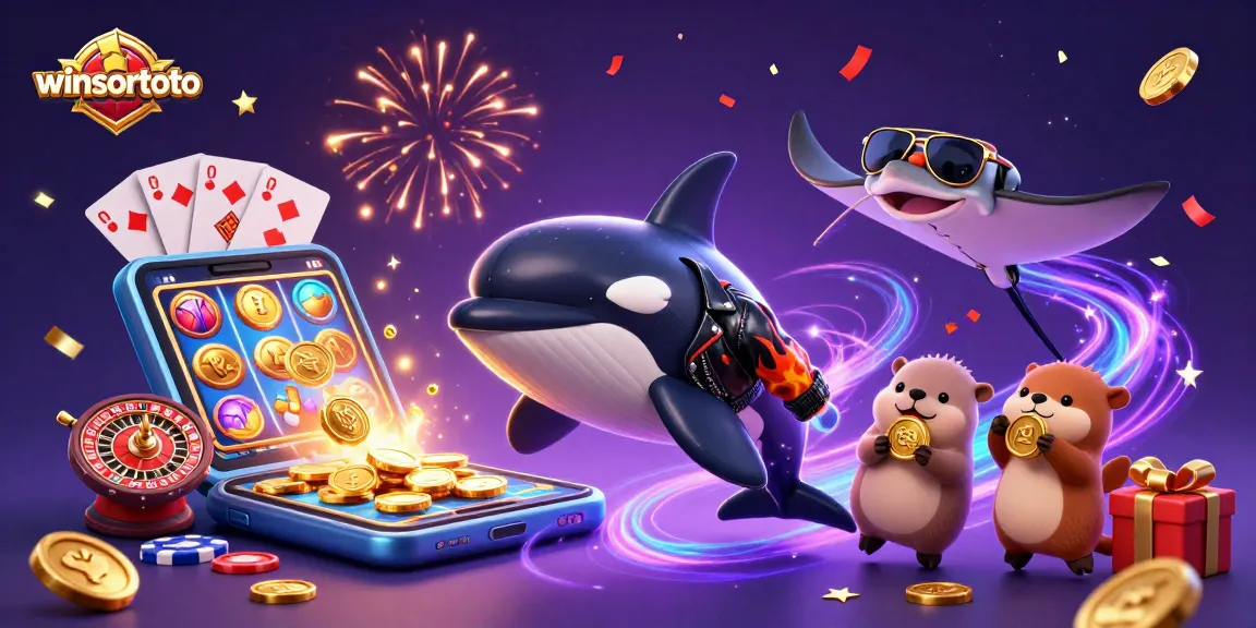 Experience the excitement of winsortoto with dynamic sea characters engaging in gambling amidst gold coins and games.