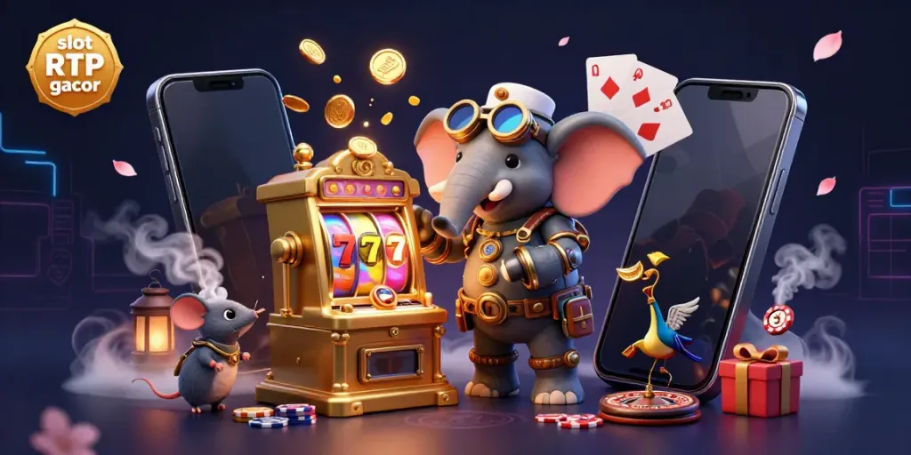 Slot RTP gacor menampilkan gajah steampunk 3D memutar mesin slot emas dikelilingi koin emas dan kartu bermain.