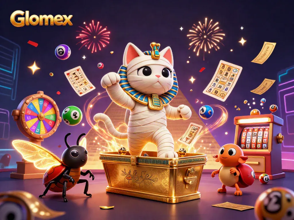 Glomex transforms with thrilling slots and lottery elements in a vibrant casino scene.
