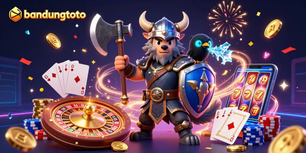 Engage in captivating gaming with bandungtoto, featuring a Viking warrior and dynamic casino elements.