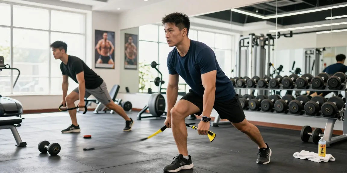Dynamic fitness scene where an athletic man uses a health tracker smartwatch during a workout in a bright modern gym.