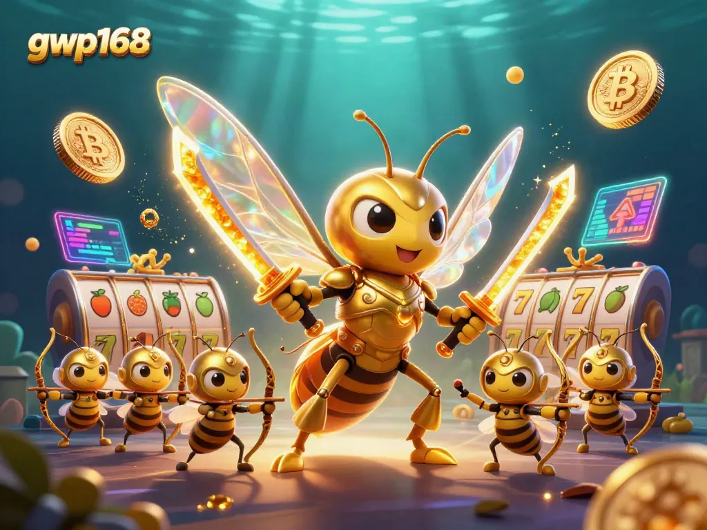 Permainan slot menarik di gwp168 dengan karakter hornet emas dan elemen kasino.