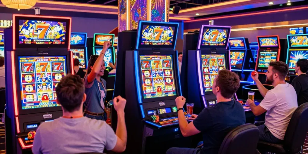 Lucky777 themed casino scene with diverse players engaged in gameplay