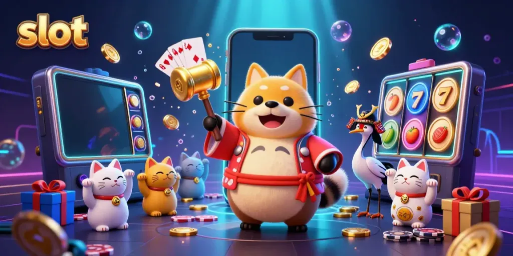 Slot penuh kegembiraan dengan karakter tanuki dan simbol kasino, menampilkan aksi memutar.