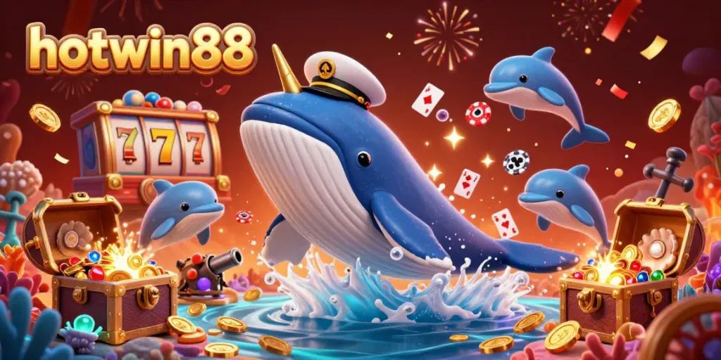 Experience thrilling entertainment at hotwin88 with a vibrant 3D scene of whales, dolphins, and gaming elements.