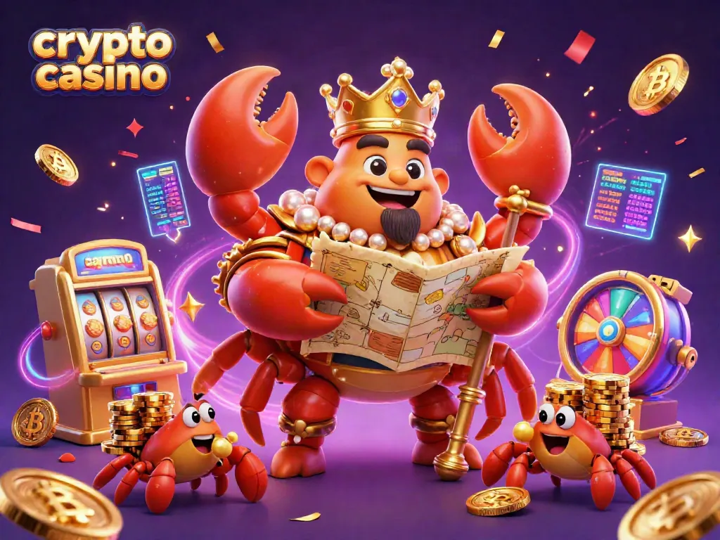 Experience the excitement of a crypto casino with a massive golden crab emperor, coins, and colorful slot machines in a vibrant scene.