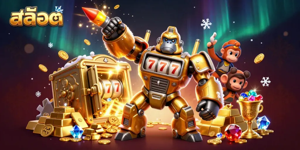 Experience the thrill of สล็อต as golden mech slams down and coins fly in this vibrant casino scene.