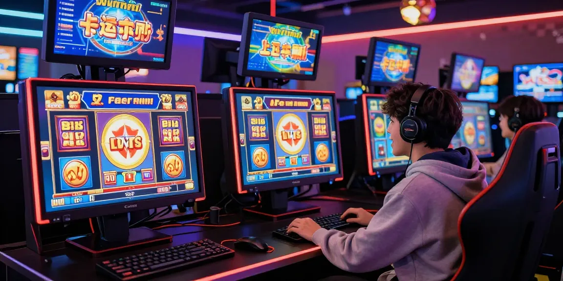 Pemain merayakan kemenangan jackpot di slot gacor dengan semangat, dikelilingi ikon mesin slot berwarna-warni dan grafik permainan.
