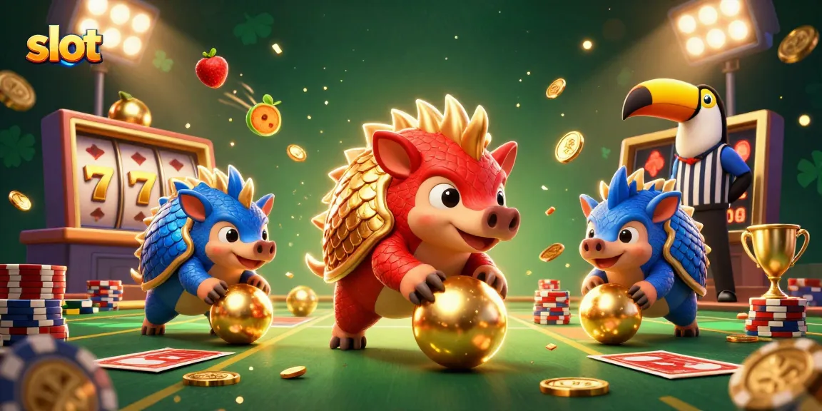 Slot menawan dengan pangolin bersaing dan ikon jackpot, memperlihatkan permainan yang mendebarkan.