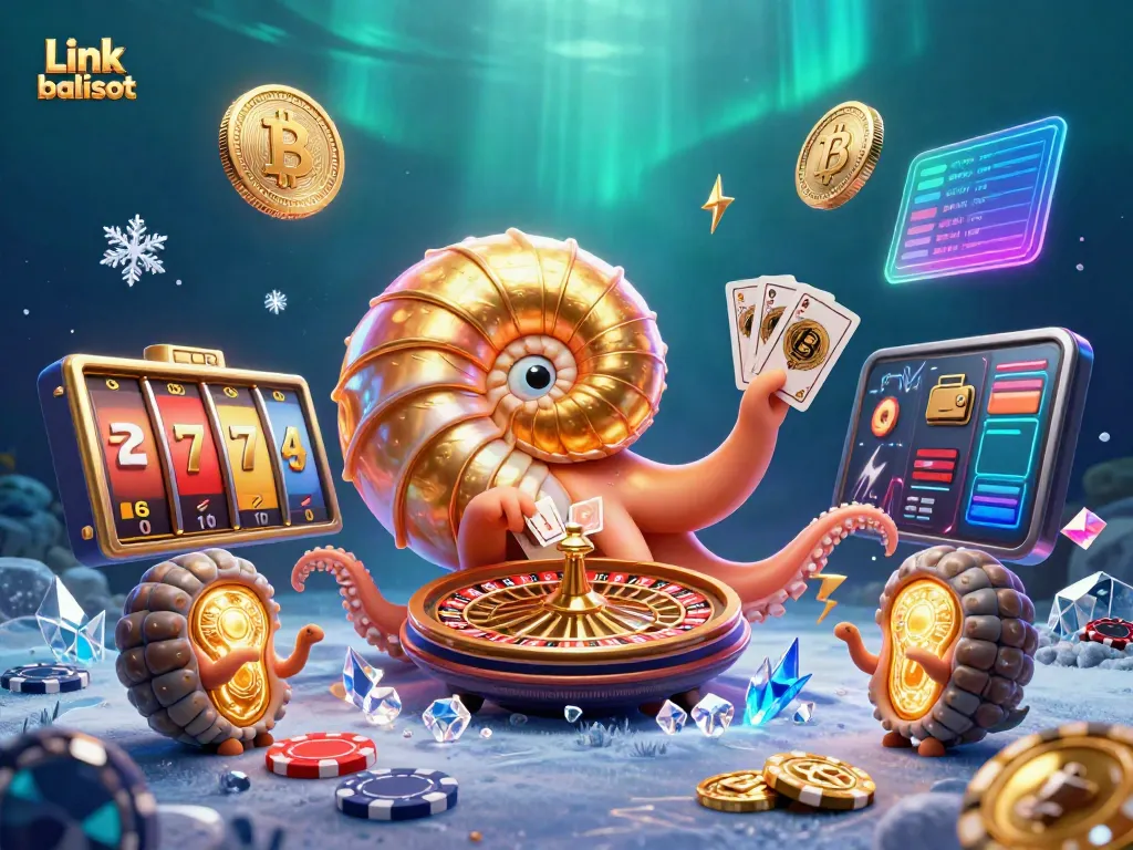 Experience thrilling gameplay with Link balislot's giant nautilus character showcasing cards and slot reels.