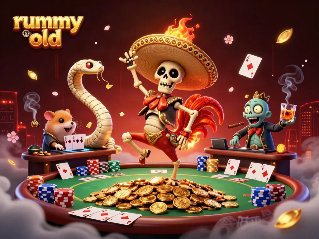 Menggoda pemain rummy old dengan ilustrasi kartun bertema kasino yang menampilkan karakter menarik dan elemen judi.
