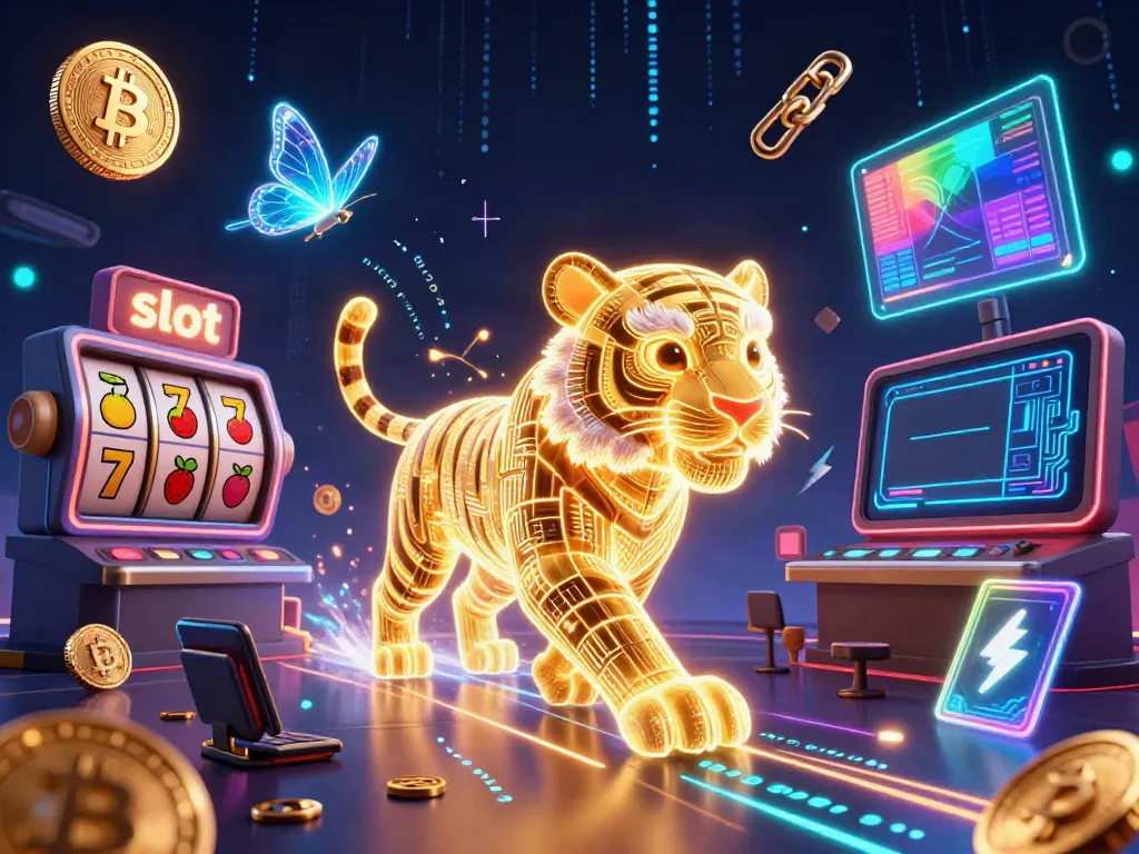 Spin the slots in a vibrant, neon-lit casino with glowing digital elements and a golden tiger guardian.