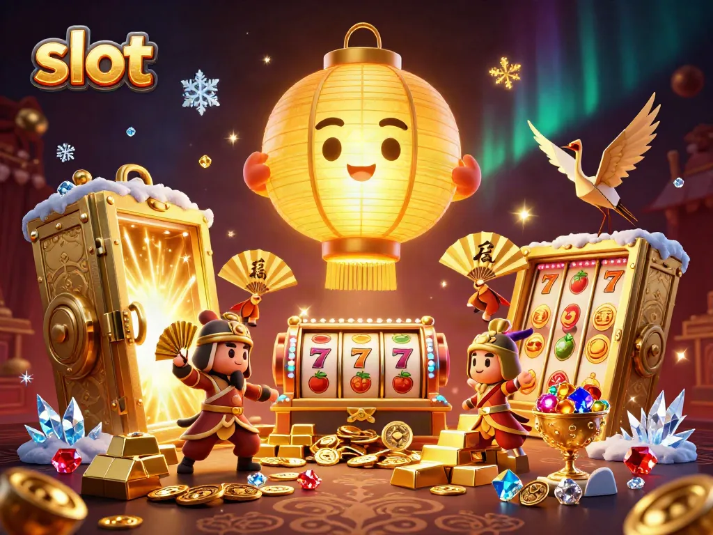 Experience thrilling slot action with glowing lantern spirits and treasure in a rich casino scene.