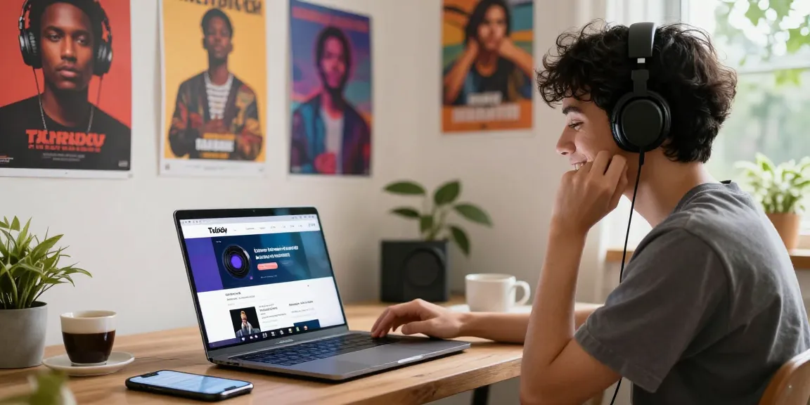 Tubidy music downloader scene with a user enjoying upbeat tunes and downloading on a laptop.