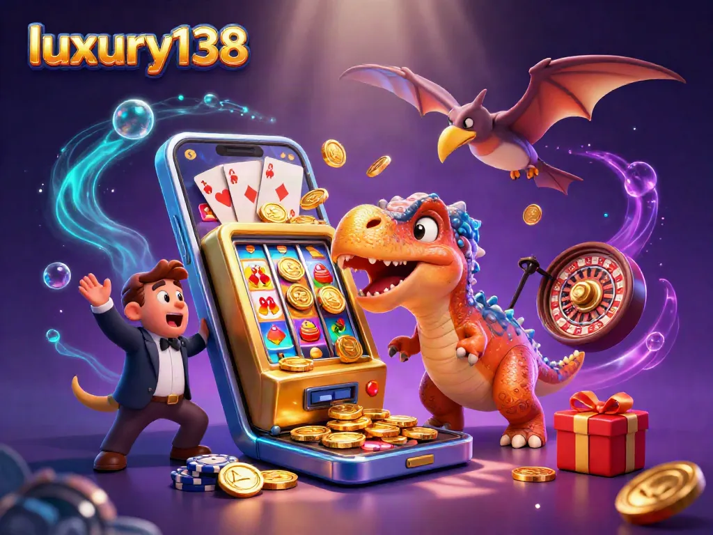 luxury138 captures a 3D pachycephalosaurus winning as it headbutts a golden slot machine