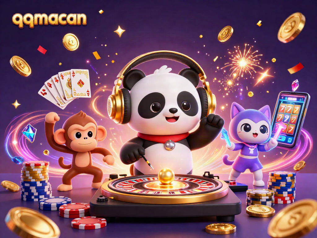 Permainan qqmacan yang energik dengan panda DJ, monyet menari, dan kucing dalam suasana pesta.