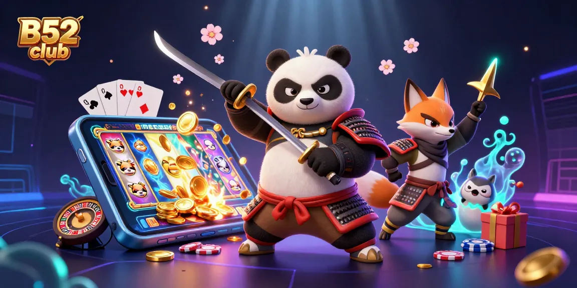 B52 club showcases a vibrant samurai panda and ninja fox in an engaging gaming scene with slots and poker.