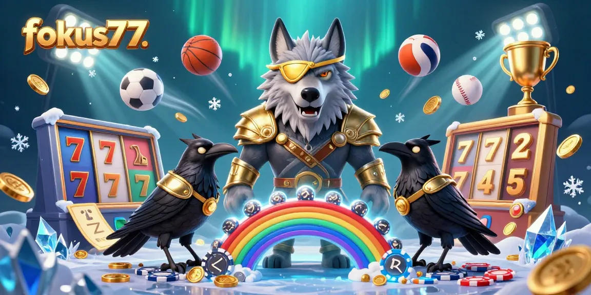 Experience excitement with fokus777 as Odin and his ravens guard a vibrant casino scene filled with slots and sports elements.