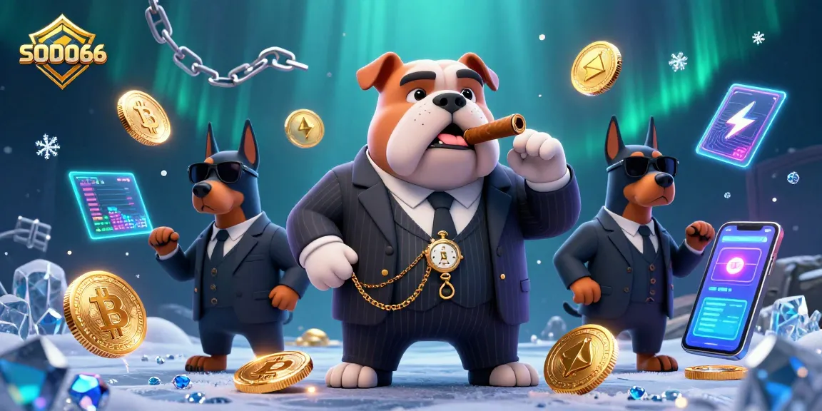 SODO66 enhances casino excitement with a dynamic 3D scene featuring a bulldog mafia boss and Doberman bodyguards amidst cryptographic elements.