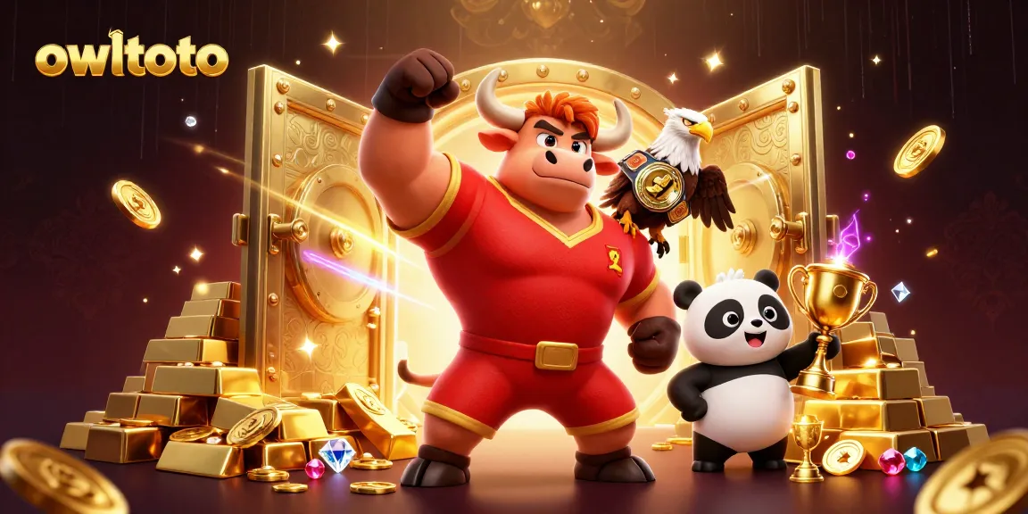 Join the excitement of owltoto as a cartoon bull mascot celebrates victory with an eagle and panda.